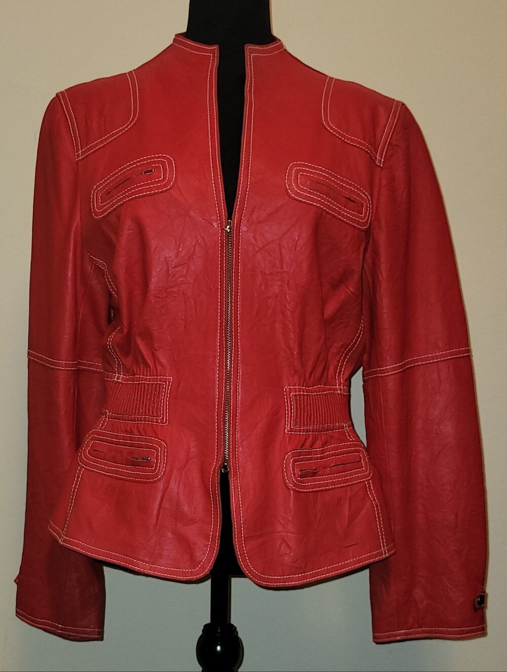 Anne Klein Red Leather Zip-Front Jacket